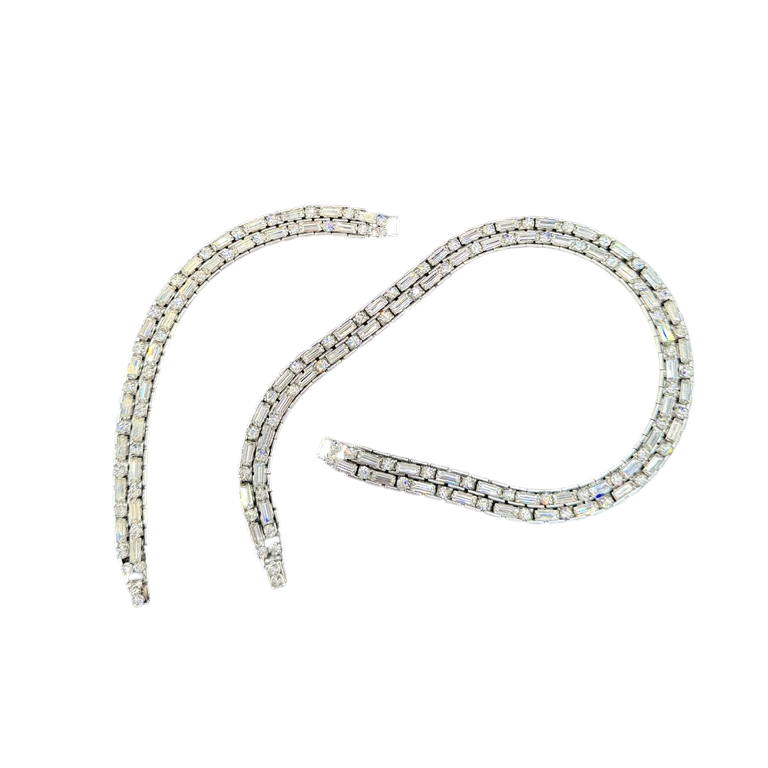 1950s Clear Rhinestone Baguette & Round Link Choker Necklace and Bracelet Set