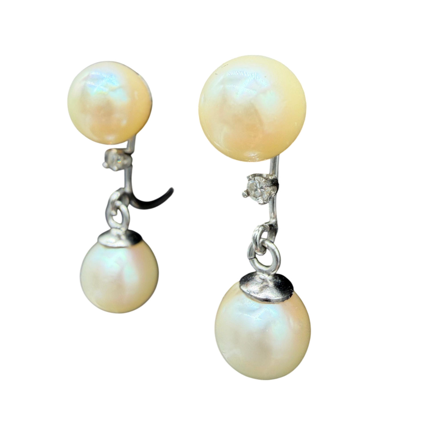 1960s 14K White Gold Pearl Drop Earrings with Diamond Studs