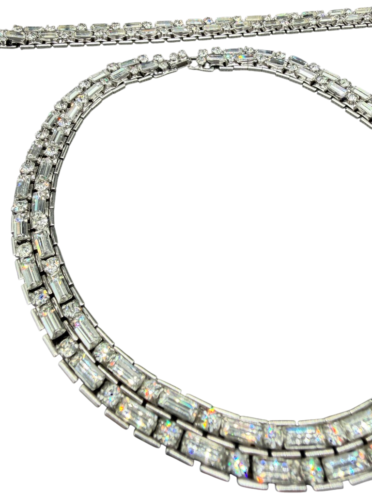 1950s Clear Rhinestone Baguette & Round Link Choker Necklace and Bracelet Set