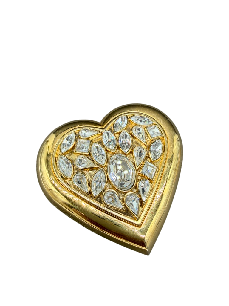 1980s Yves Saint Laurent Gold-Tone Heart Compact with Rhinestone Detail