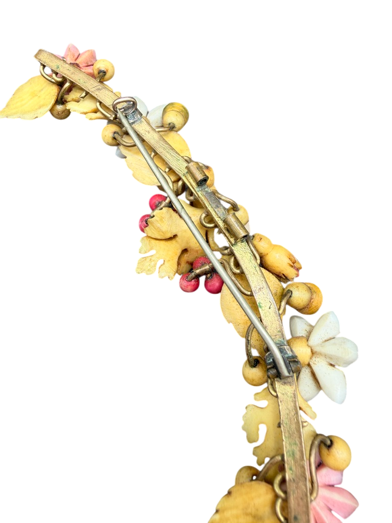 Antique 1900s Carved Bone Brooch with Henna-Dyed Floral Design