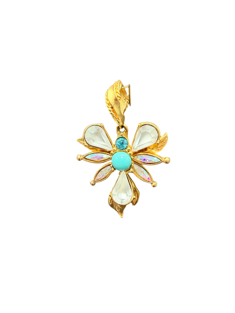 1980s Christian Lacroix Gold-Tone Abstract Flower Pendant with Turquoise and Moonglow Beads