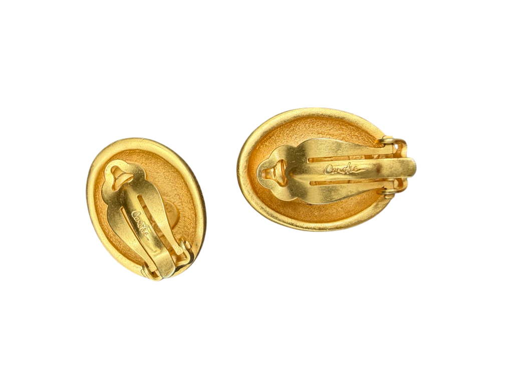 1980s Carolee Matte Gold-Tone Oval Clip Earrings with Cameo Couple