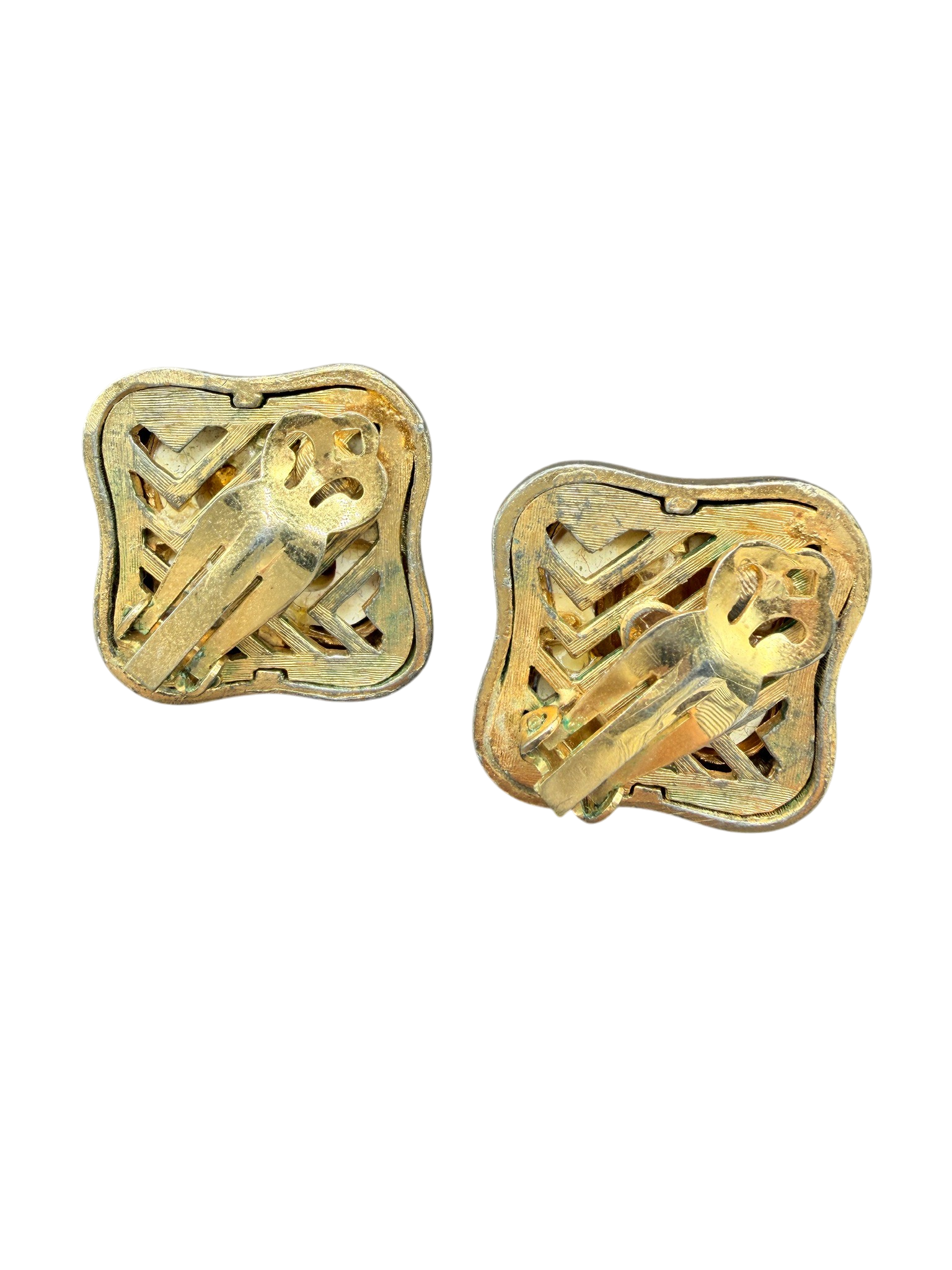 1980s Lanvin Gold-Tone Tiered Square Clip Earrings with Ivory Enamel