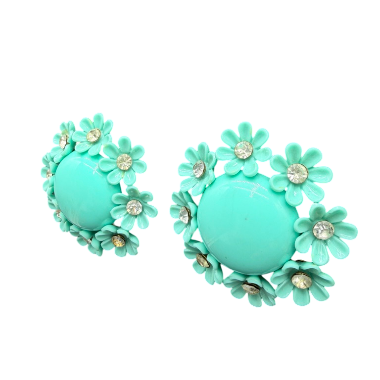 1960s Turquoise Bubble Clip Earrings with Floral Surround