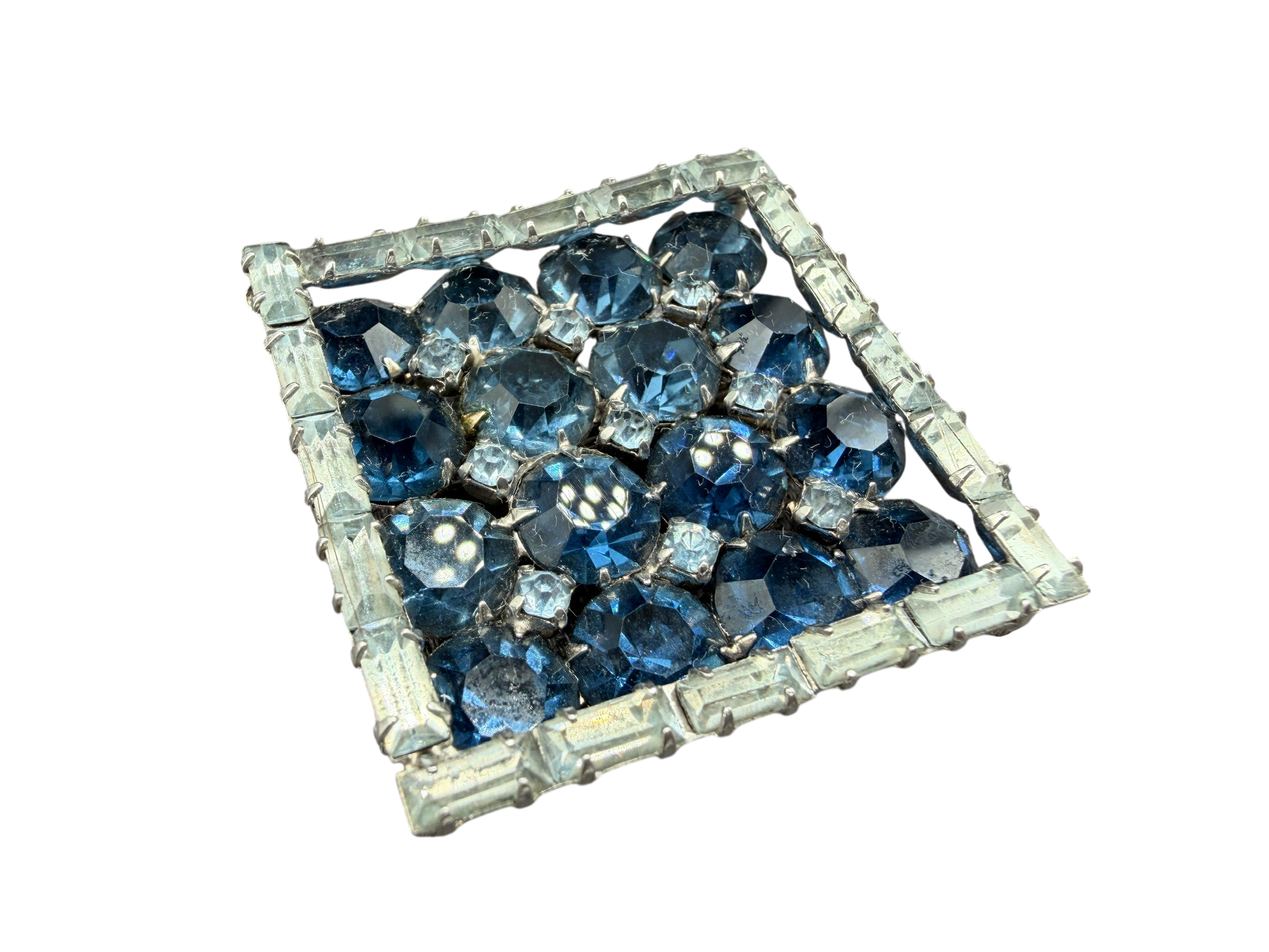 1950s Silver-Tone Square Brooch with Blue Rhinestones