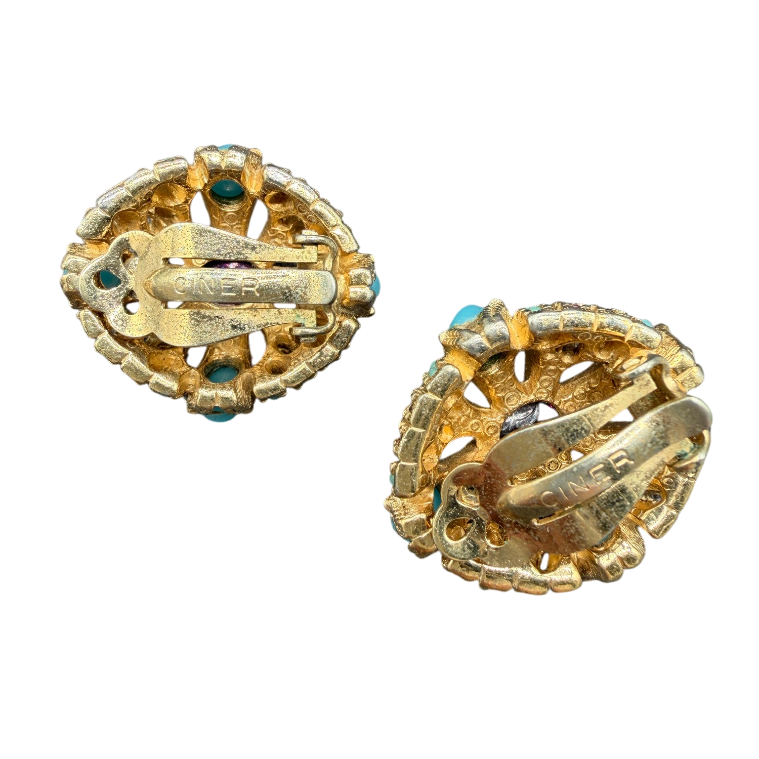 1960s Ciner Gold-Tone Openwork Clip Earrings with Purple Glass and Turquoise Detail