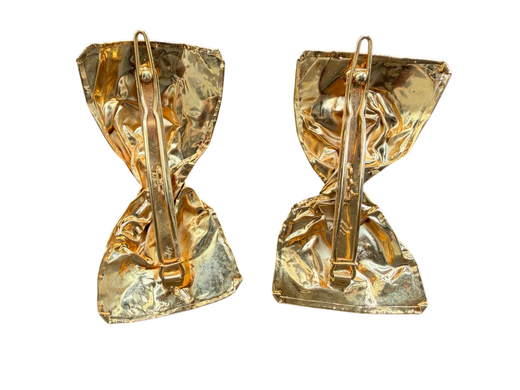 Rare 1980s Haute Couture Gianni De Liguoro Gold Crinkle Bow Hair Barrettes with AB Swarovski Rhinestones