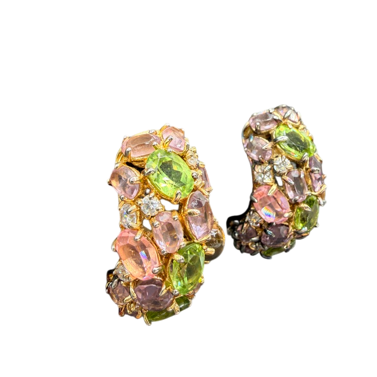 1980s Le Jardin Half-Hoop Earrings with Pastel Austrian Crystals