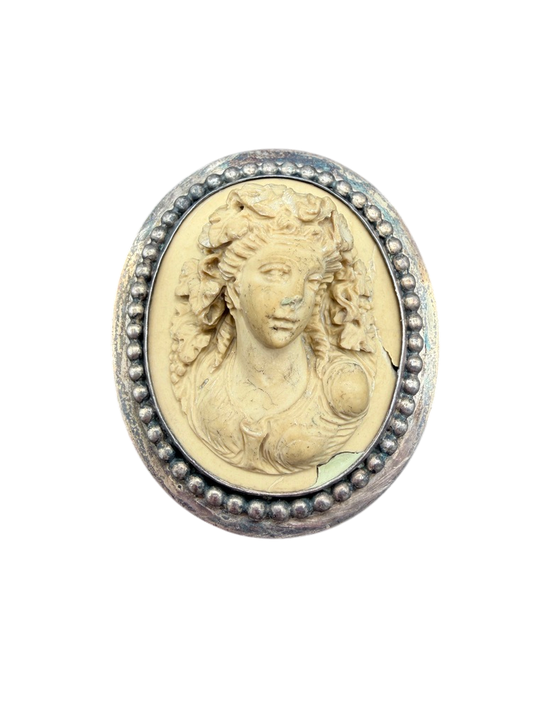 Victorian Large Lava Cameo Brooch of Woman with Leaf Headdress in Sterling Setting
