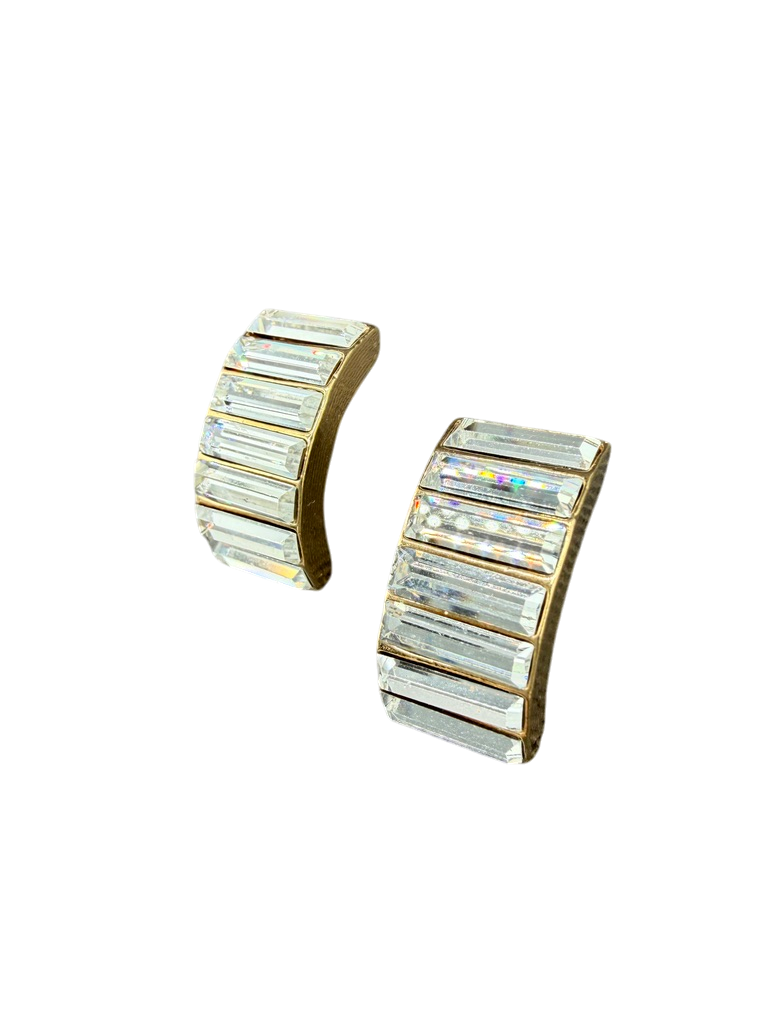 1980s Gold-Tone Half Hoop Earrings with Baguette Crystal Front
