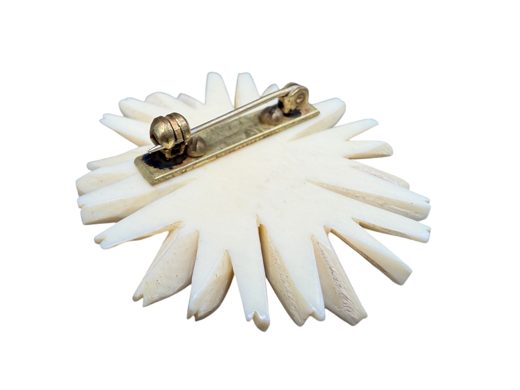 1940s Carved Bone Daisy Brooch with Painted Ladybug Detail