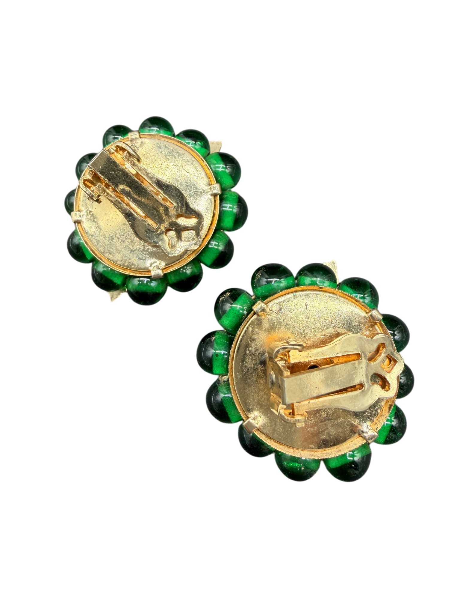 1950s Czech Glass Green Bead Cluster Clip Earrings with Silver Leaves
