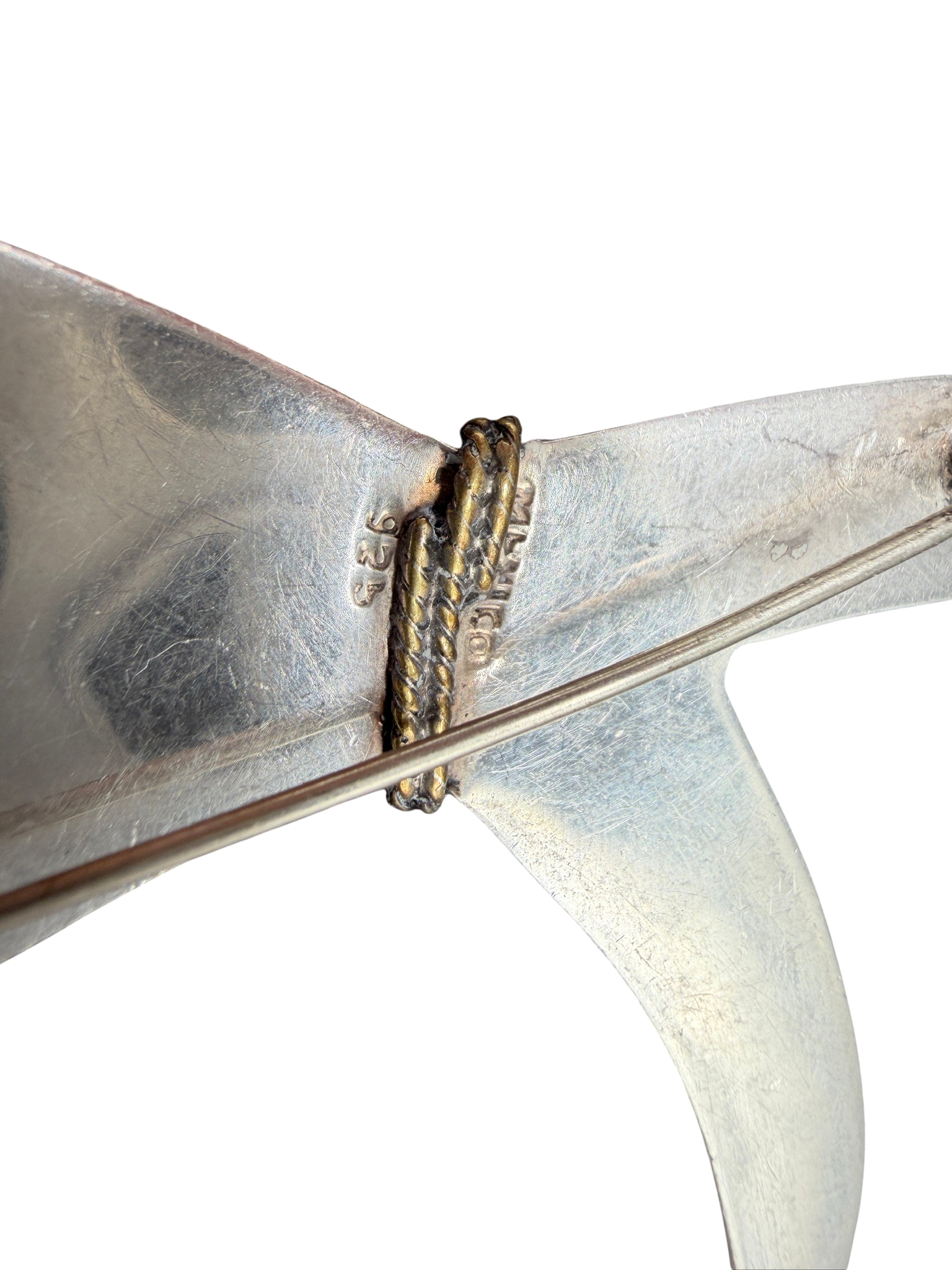 1970s Taxco Mexico Sterling Silver “X” Brooch with Brass Rope Center