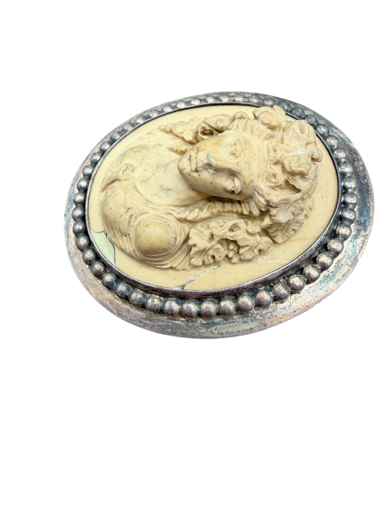 Victorian Large Lava Cameo Brooch of Woman with Leaf Headdress in Sterling Setting