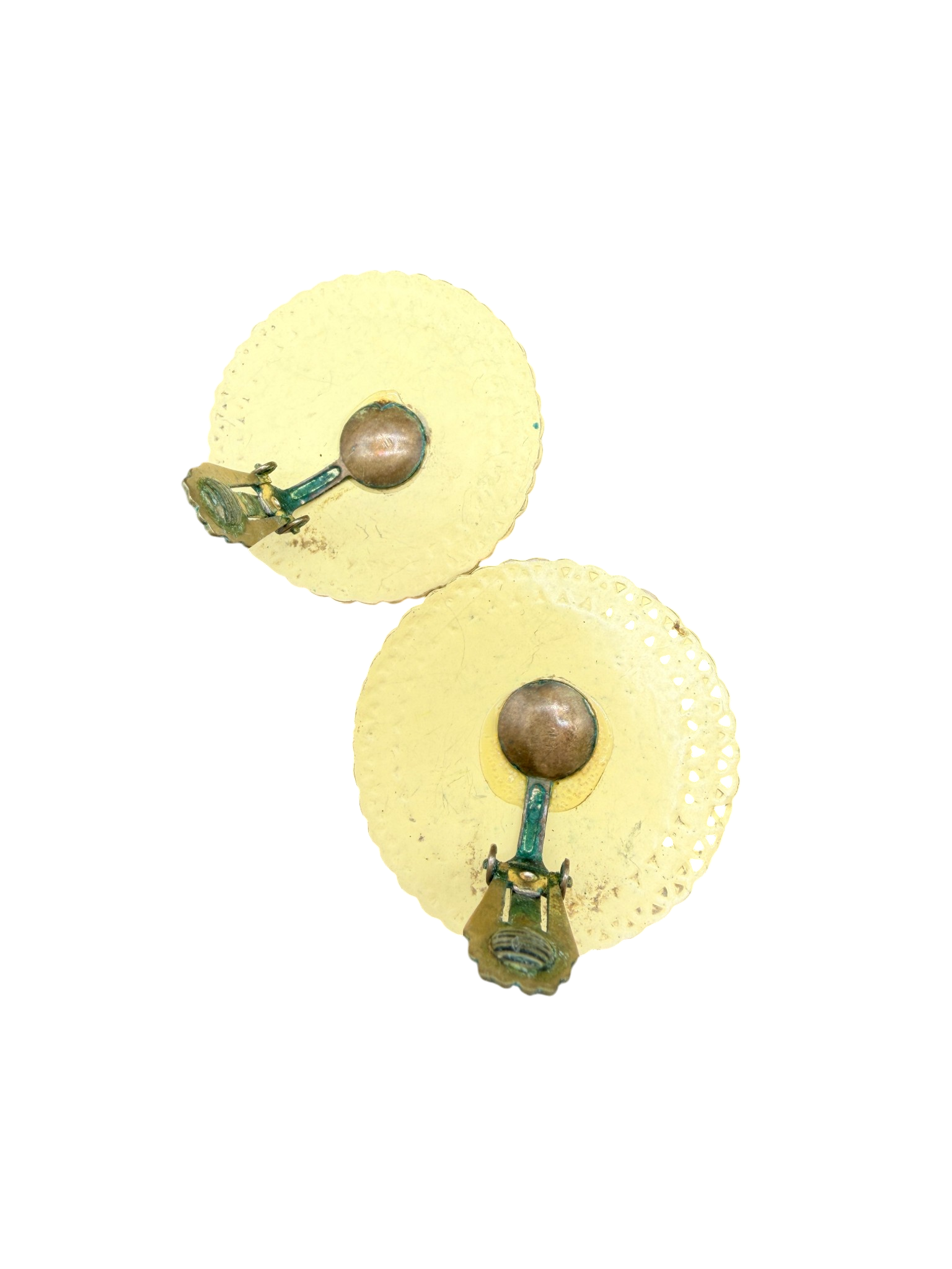 1950s Yellow Carved Celluloid Floral Clip Disc Earrings