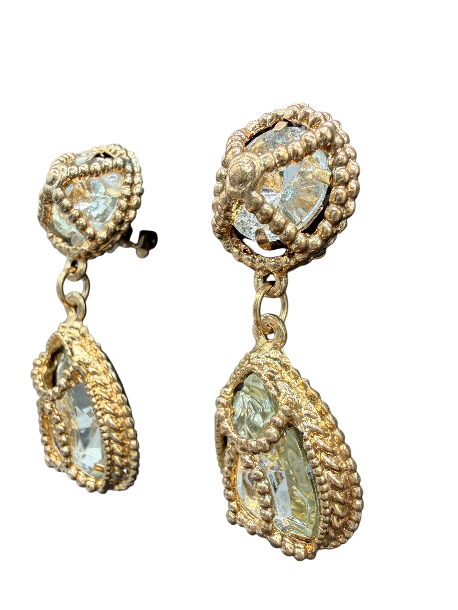 1960s Gold-Tone Rope Cage Drop Earrings with Encased Rhinestone