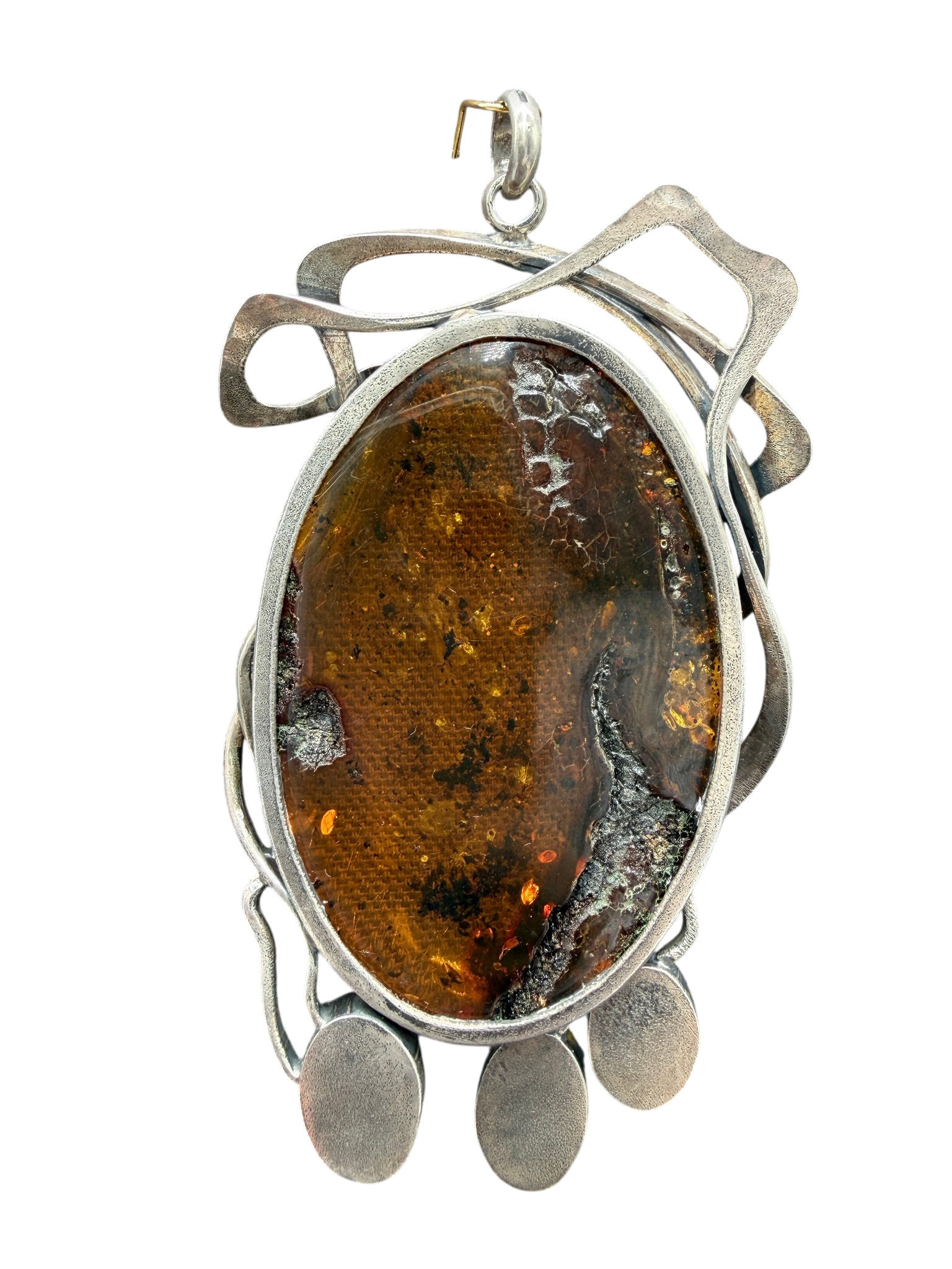 1960s Sterling Silver Artisan Scroll Pendant with Amber Drops