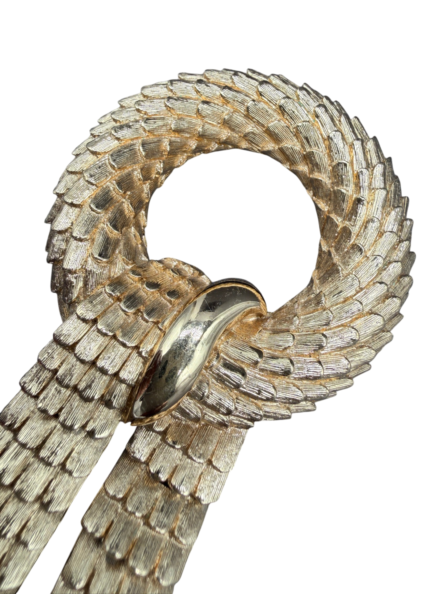 1960s Monet Rare Dragon Scale Ribbon Brooch with Articulated Dangles