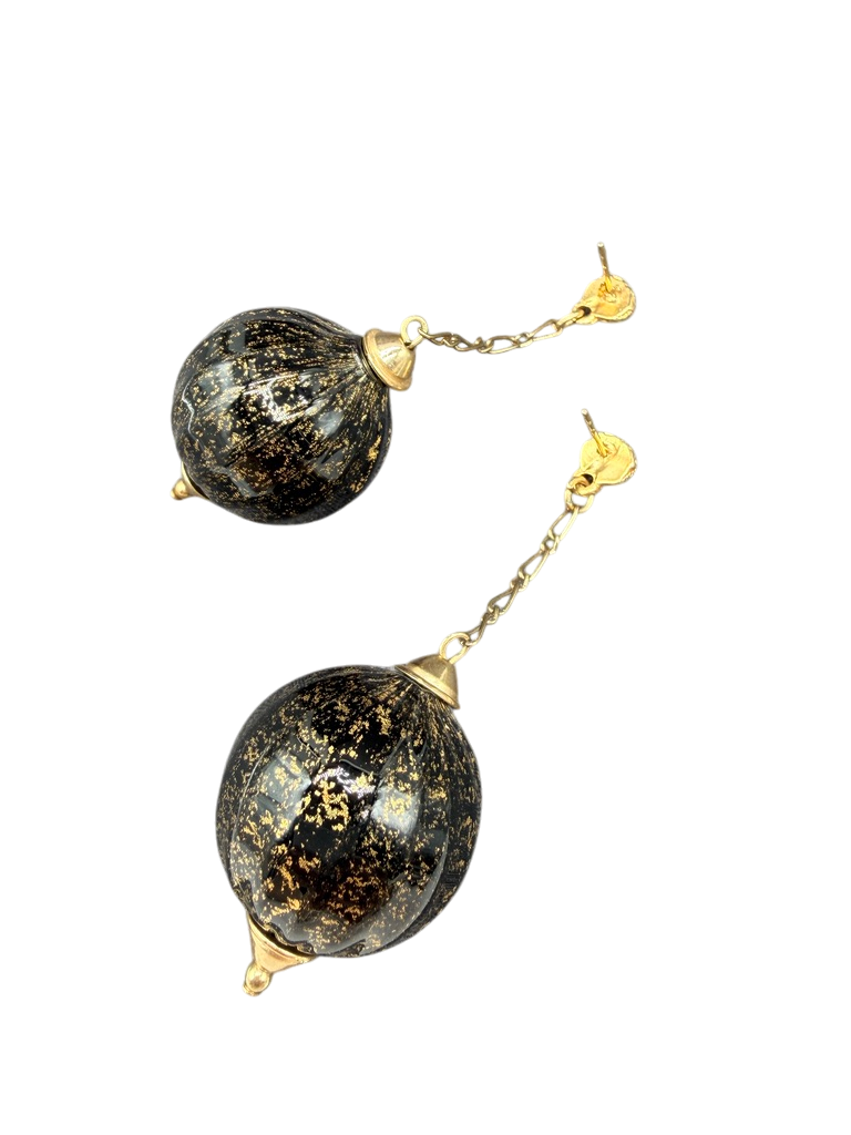 1970s Gold-Tone Stud & Chain Drop Earrings with Black & Gold Speckled Glass Beads