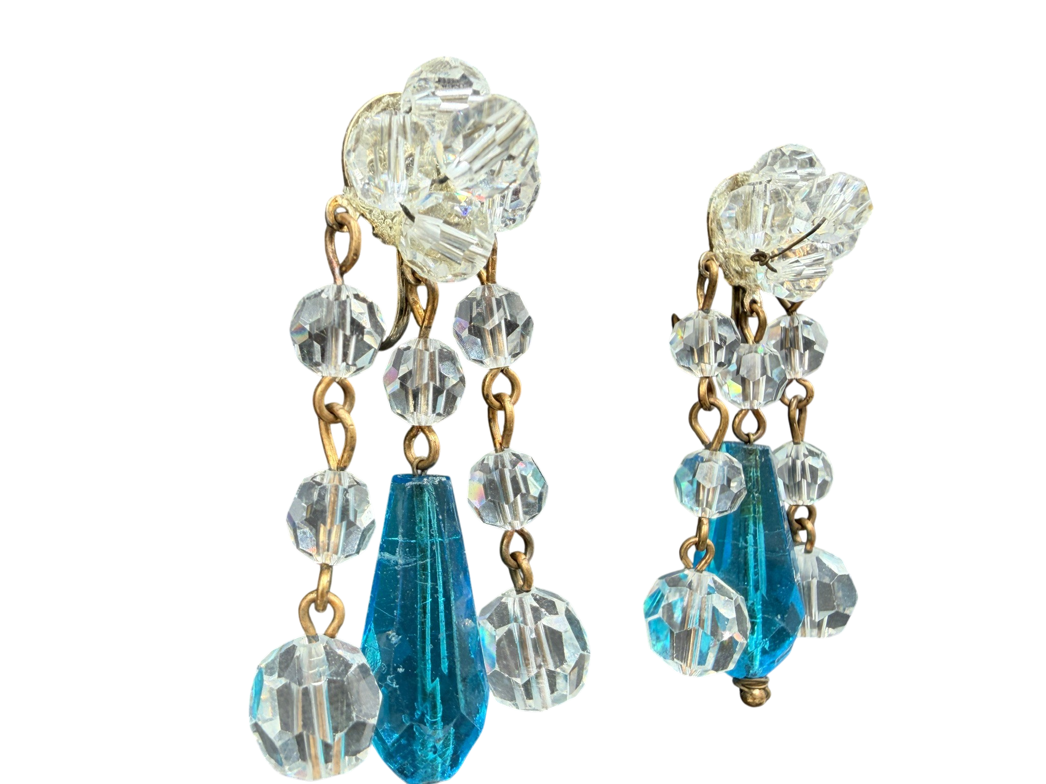 1950s Lead Crystal 5-Strand Necklace with Teal Teardrops and Matching Earrings
