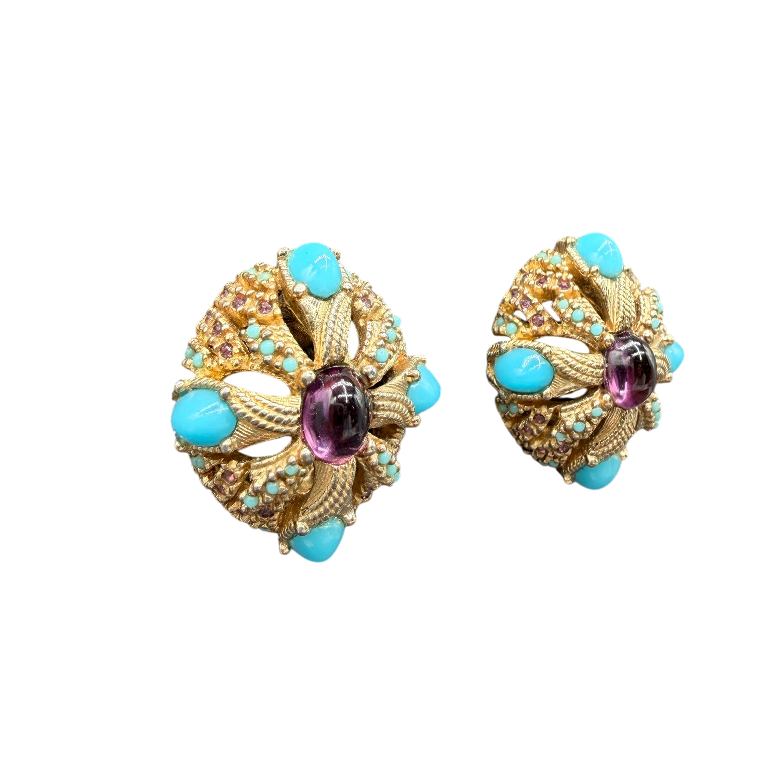 1960s Ciner Gold-Tone Openwork Clip Earrings with Purple Glass and Turquoise Detail