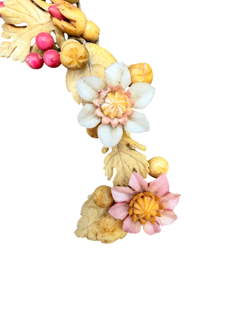 Antique 1900s Carved Bone Brooch with Henna-Dyed Floral Design