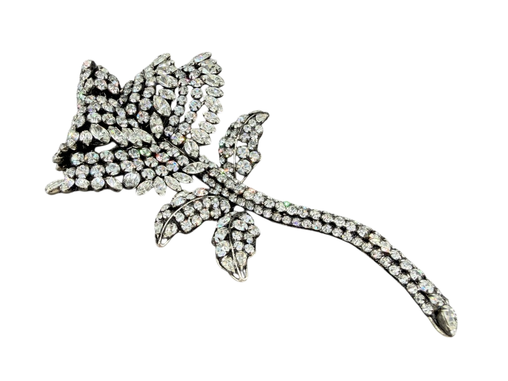 1950s Statement Austrian Crystal Floral Brooch with Leaves and Stem