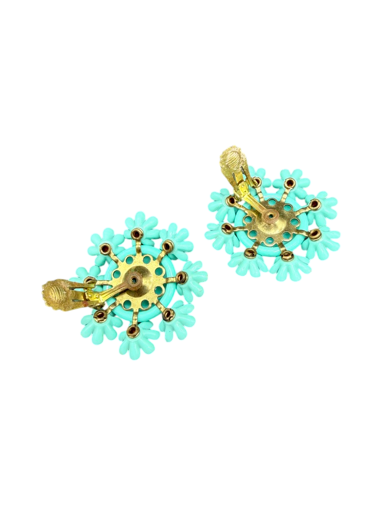 1960s Turquoise Bubble Clip Earrings with Floral Surround
