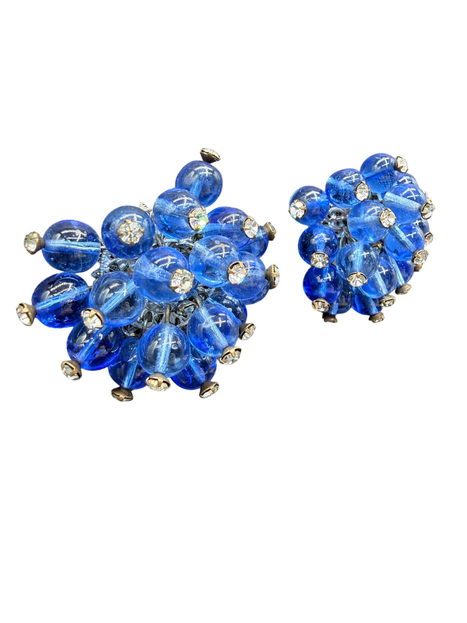 1950s Miriam Haskell Cobalt Glass Beaded Wire Clamper Bracelet with Dangle Ends and Matching Earrings