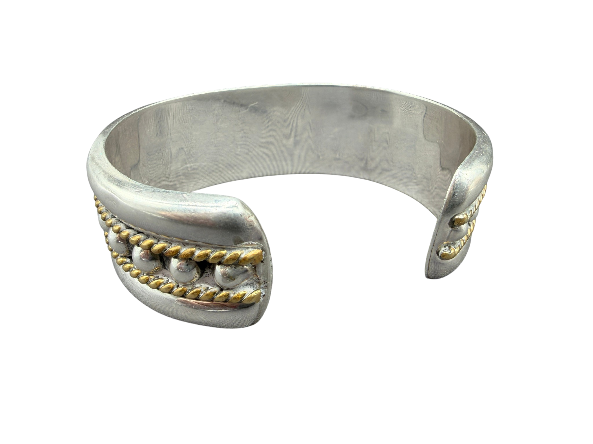 1970s Navajo Sterling Silver Cuff with 12K Gold-Filled Rope and Ball Detail (Tahe Style)