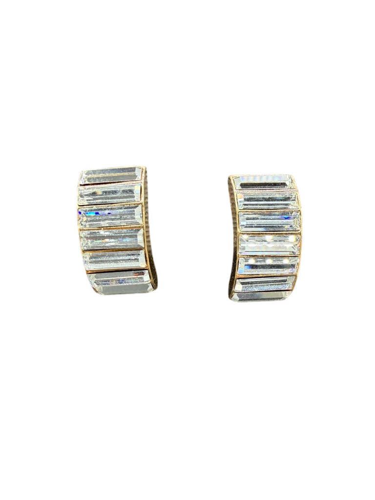 1980s Gold-Tone Half Hoop Earrings with Baguette Crystal Front