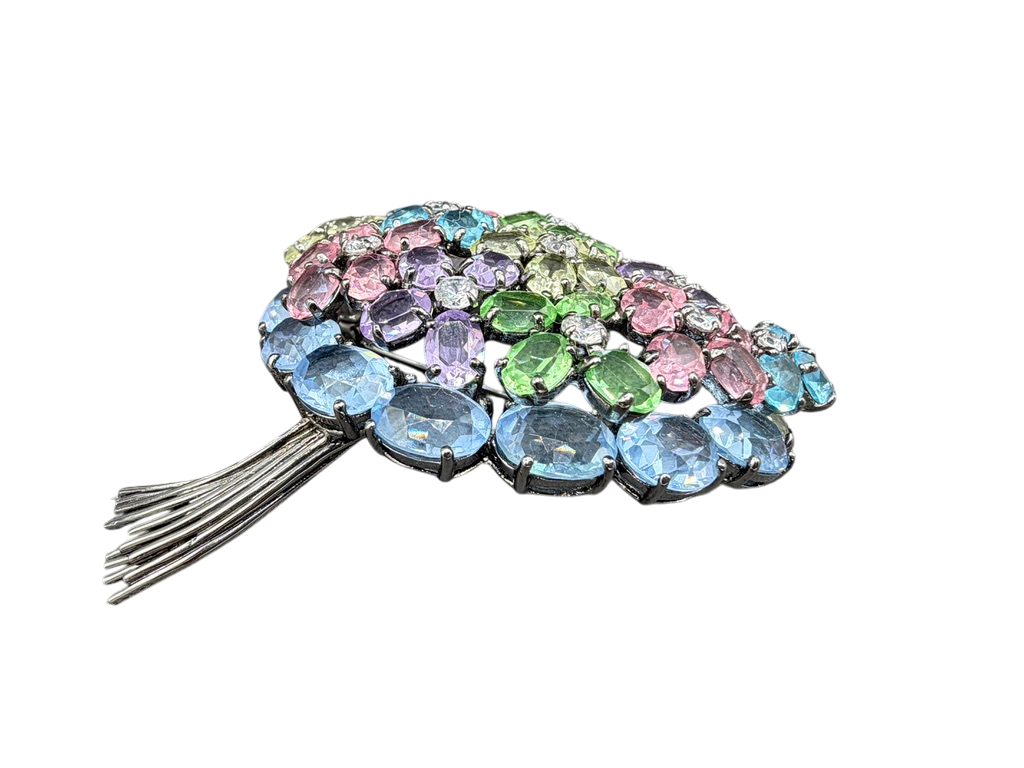 1980s Statement Sterling Silver Pastel Swarovski Crystal Flower Bouquet Brooch