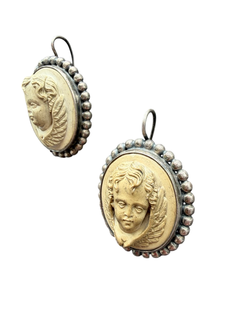 Victorian Lava Cherub Cameo Earrings with Sterling Surround