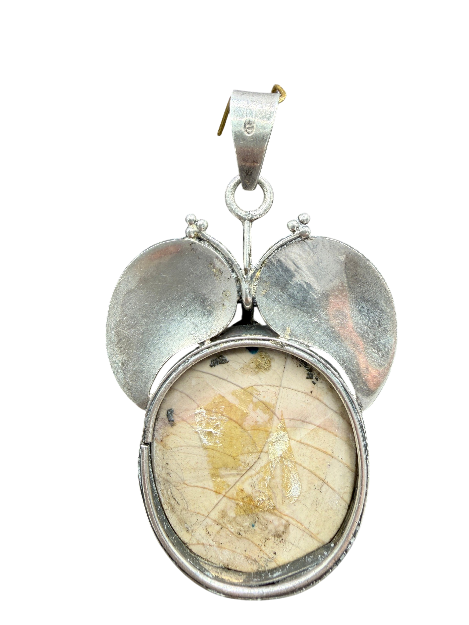 1970s Sterling Silver Jasper Pendant with Leaf and Quartz Detail