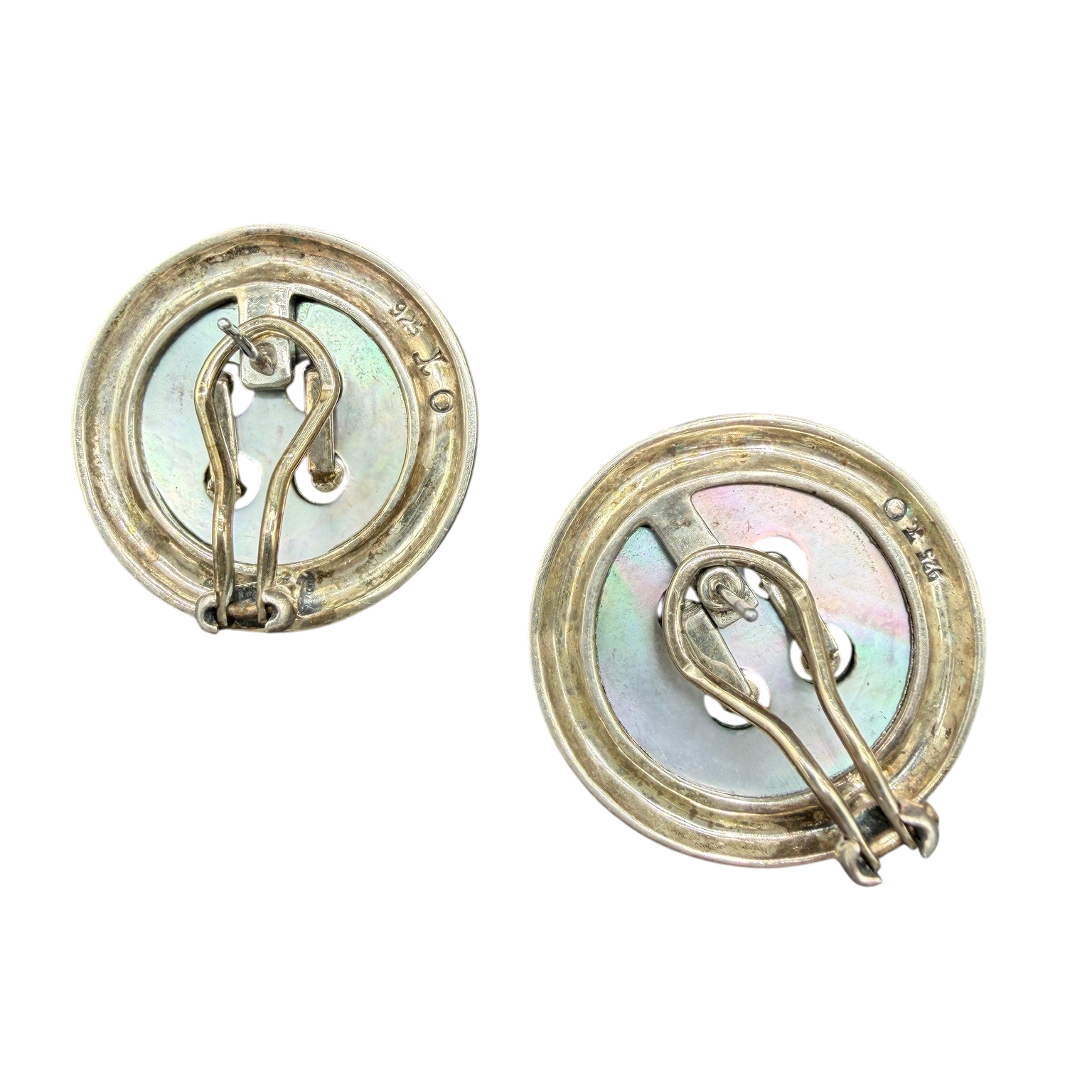 1980s Sterling Silver, Mother of Pearl and Marcasite Button Earrings