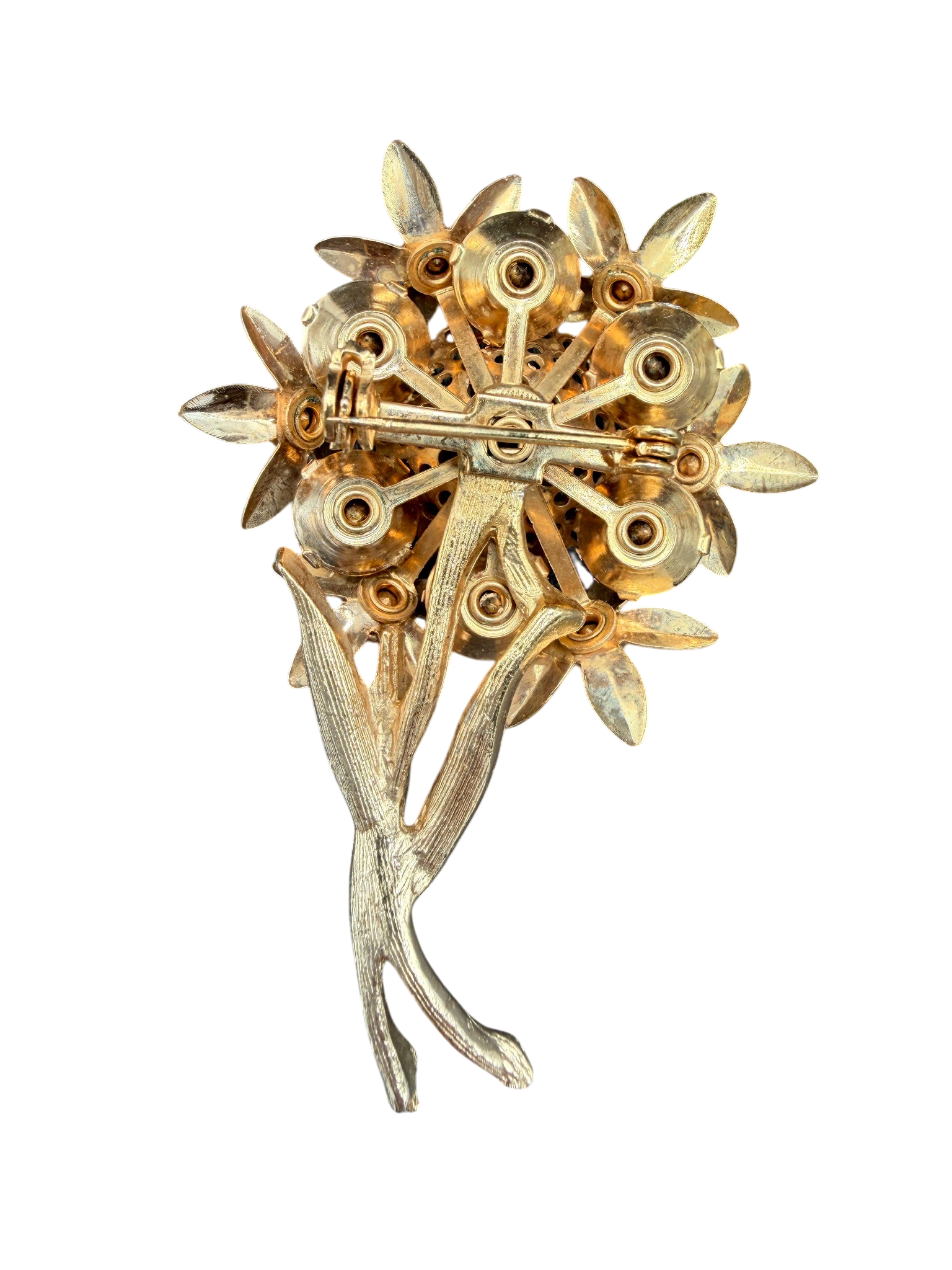1950s Gold-Tone 3D Floral Brooch with Purple & Clear Rhinestones