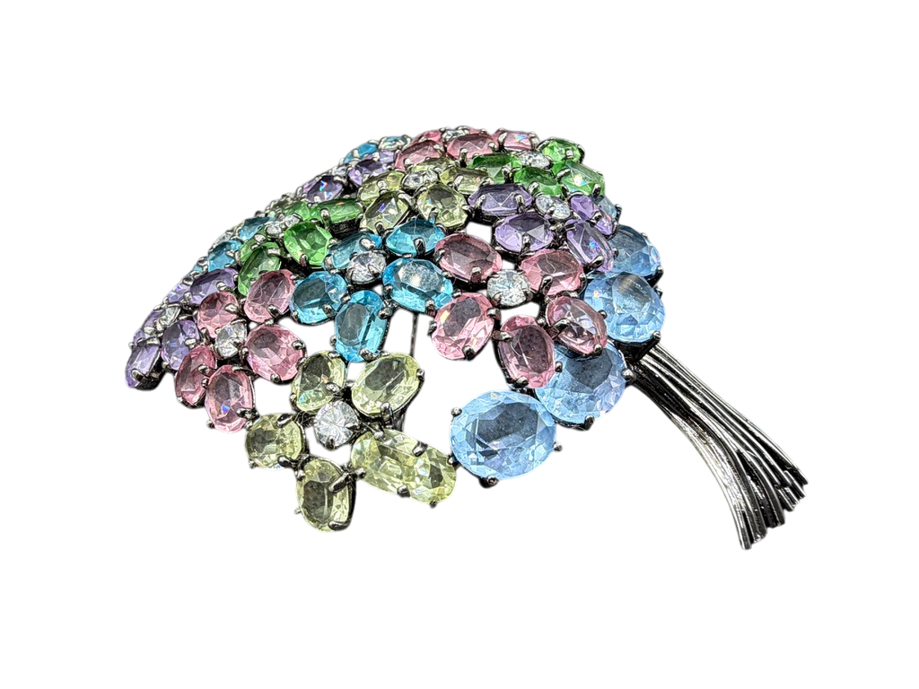 1980s Statement Sterling Silver Pastel Swarovski Crystal Flower Bouquet Brooch