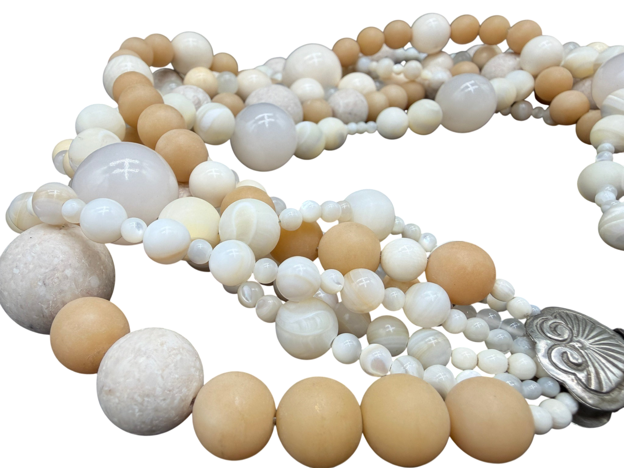 1980s Stephen Dweck Seven-Strand Necklace with Bone, Snow Quartz & Agate