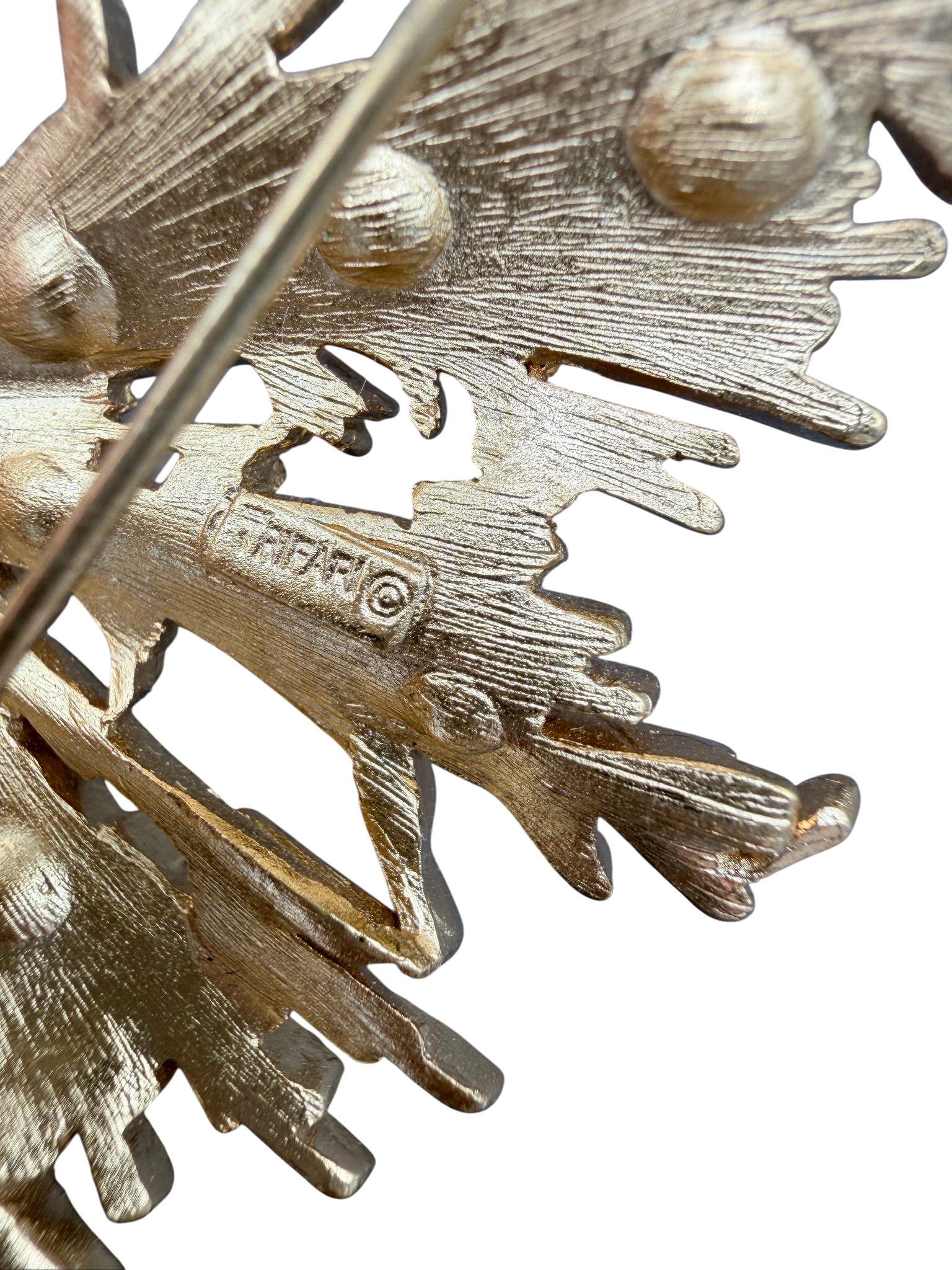 1960s Trifari Gold-Tone Brutalist Spiked Brooch with Faux Pearls