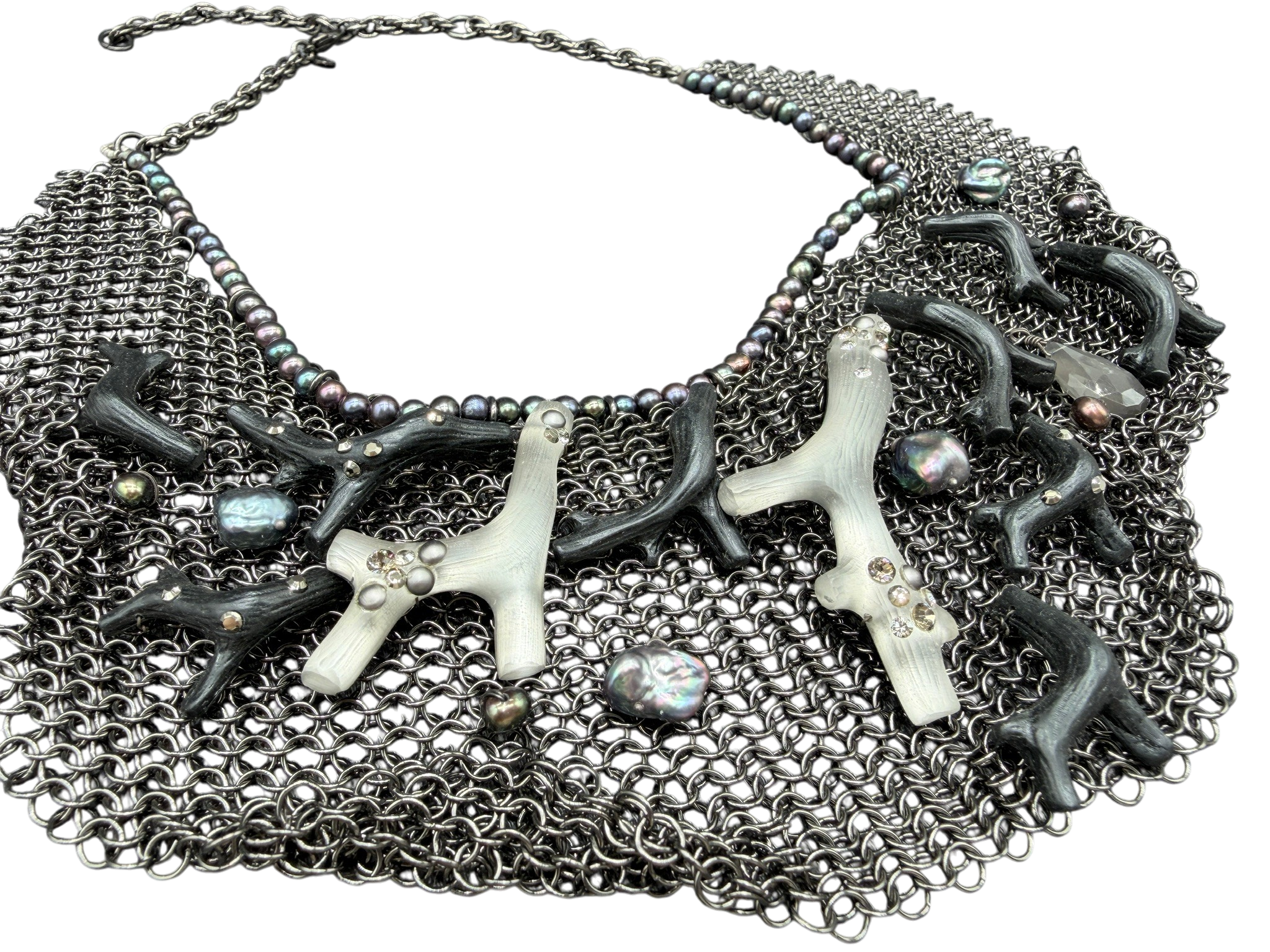 Rare 1980s Alexis Bittar Gunmetal Chain Mail Bib Necklace with Coral & Resin Peacock Accents