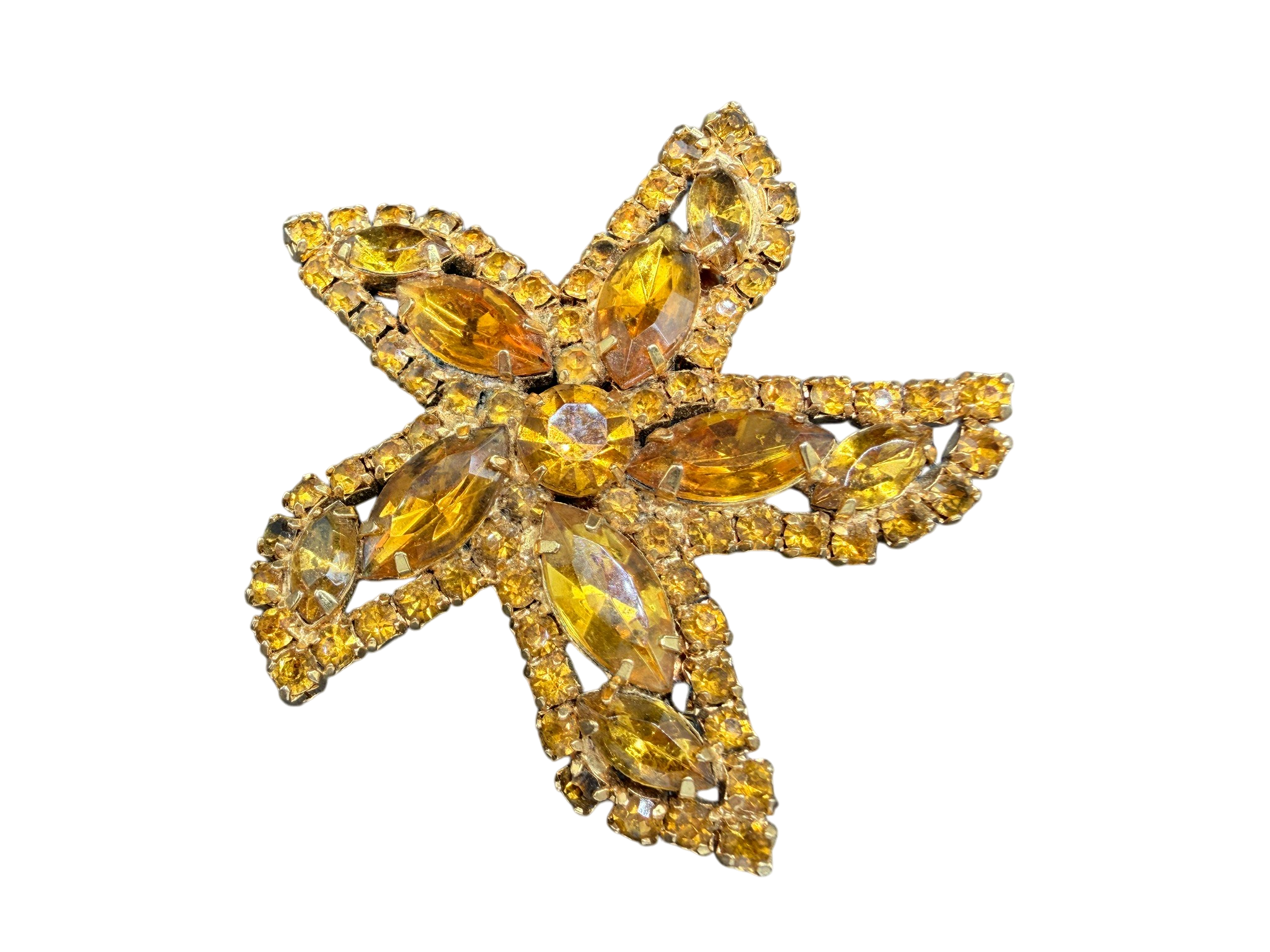 1950s Weiss Gold-Tone Starfish Brooch with Yellow Austrian Crystals