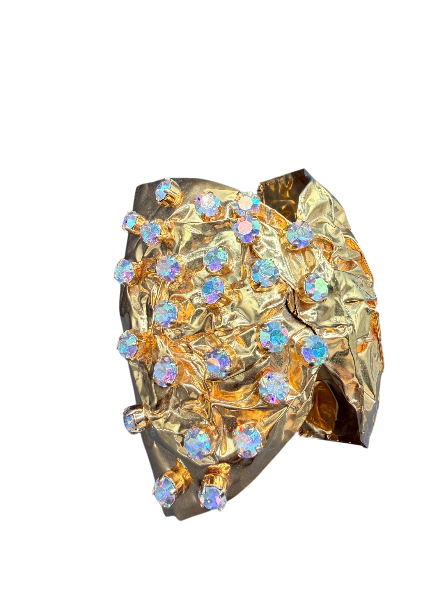 Rare 1980s Haute Couture Gianni De Liguoro Gold Crinkle Bow Cuff Bracelet with AB Swarovski Rhinestones
