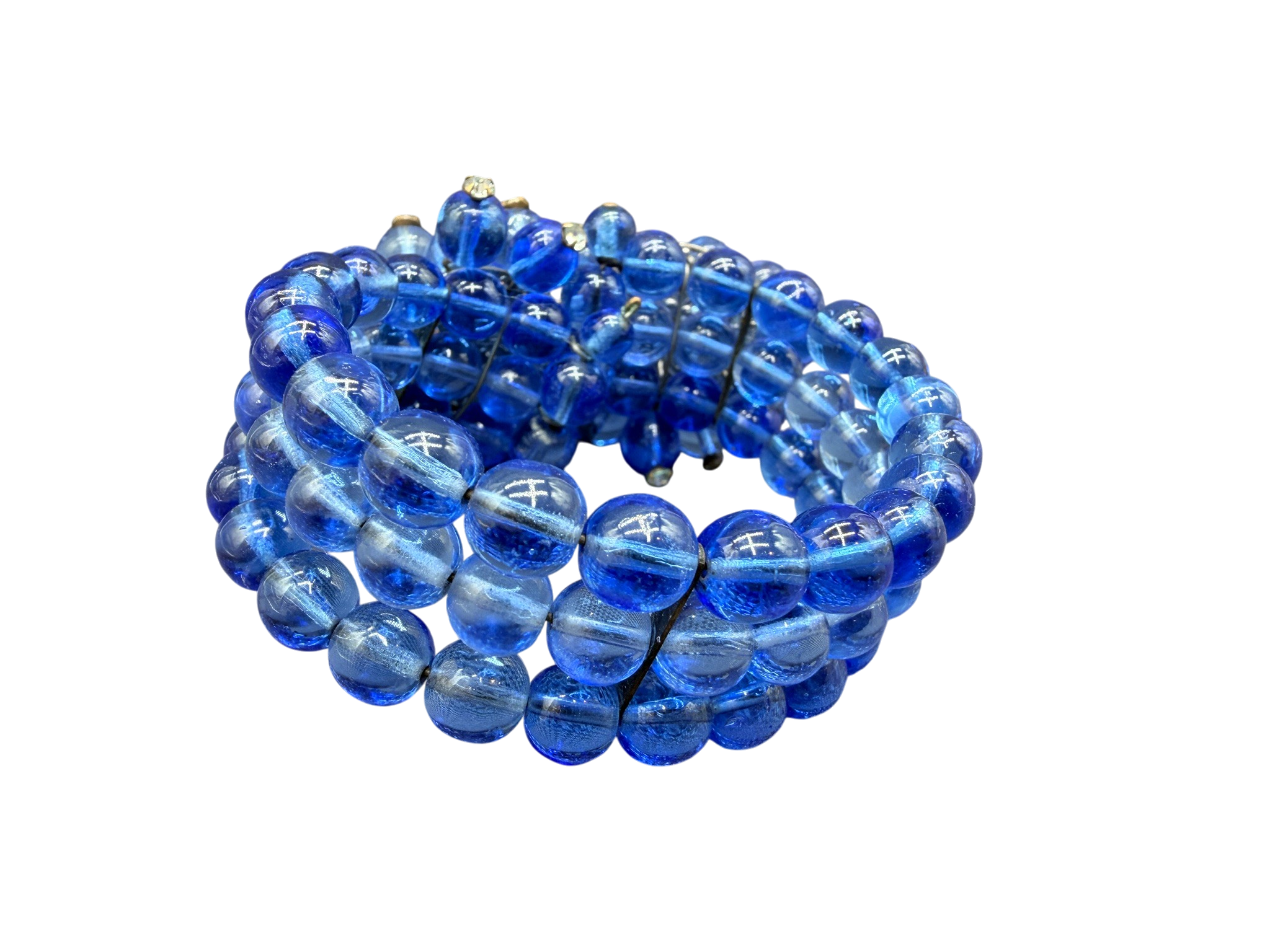 1950s Miriam Haskell Cobalt Glass Beaded Wire Clamper Bracelet with Dangle Ends and Matching Earrings