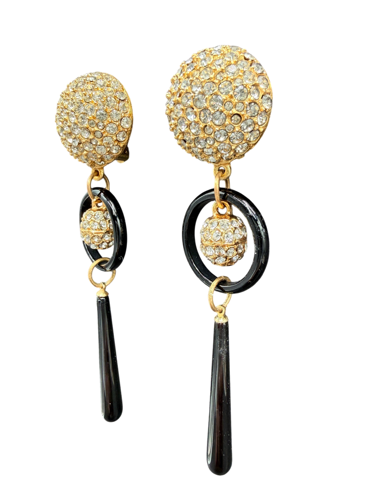 1980s Heidi Daus for Jim Walters Gold-Tone Ring with Crystal Pavé and Black Glass Drop