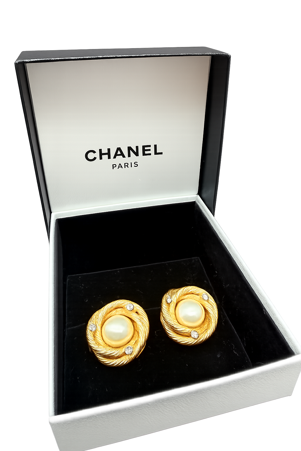 1980s Chanel Gold-Tone Rope Interlocking Circle Clip Earrings with Faux Glass Pearl & Crystal Accents