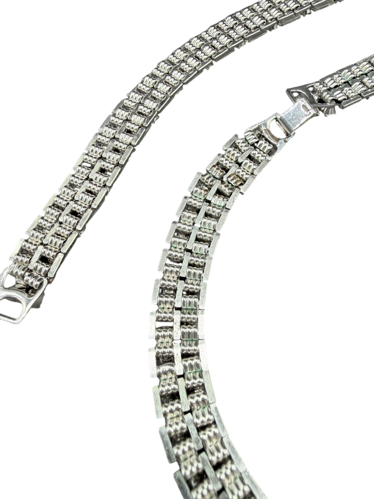 1950s Clear Rhinestone Baguette & Round Link Choker Necklace and Bracelet Set