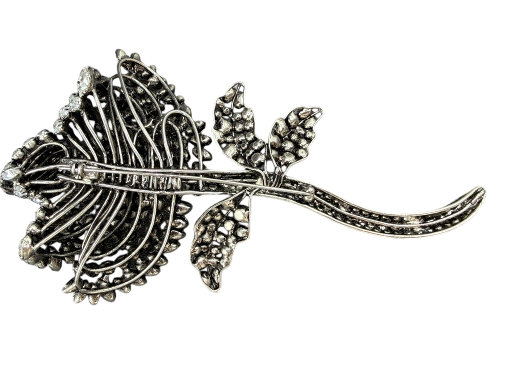 1950s Statement Austrian Crystal Floral Brooch with Leaves and Stem