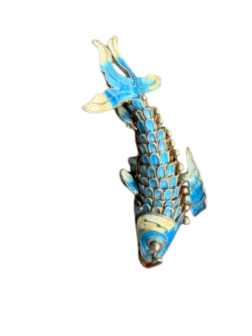 1920s Sterling Silver Aqua Cloisonné Enamel Articulated Koi Fish Brooch