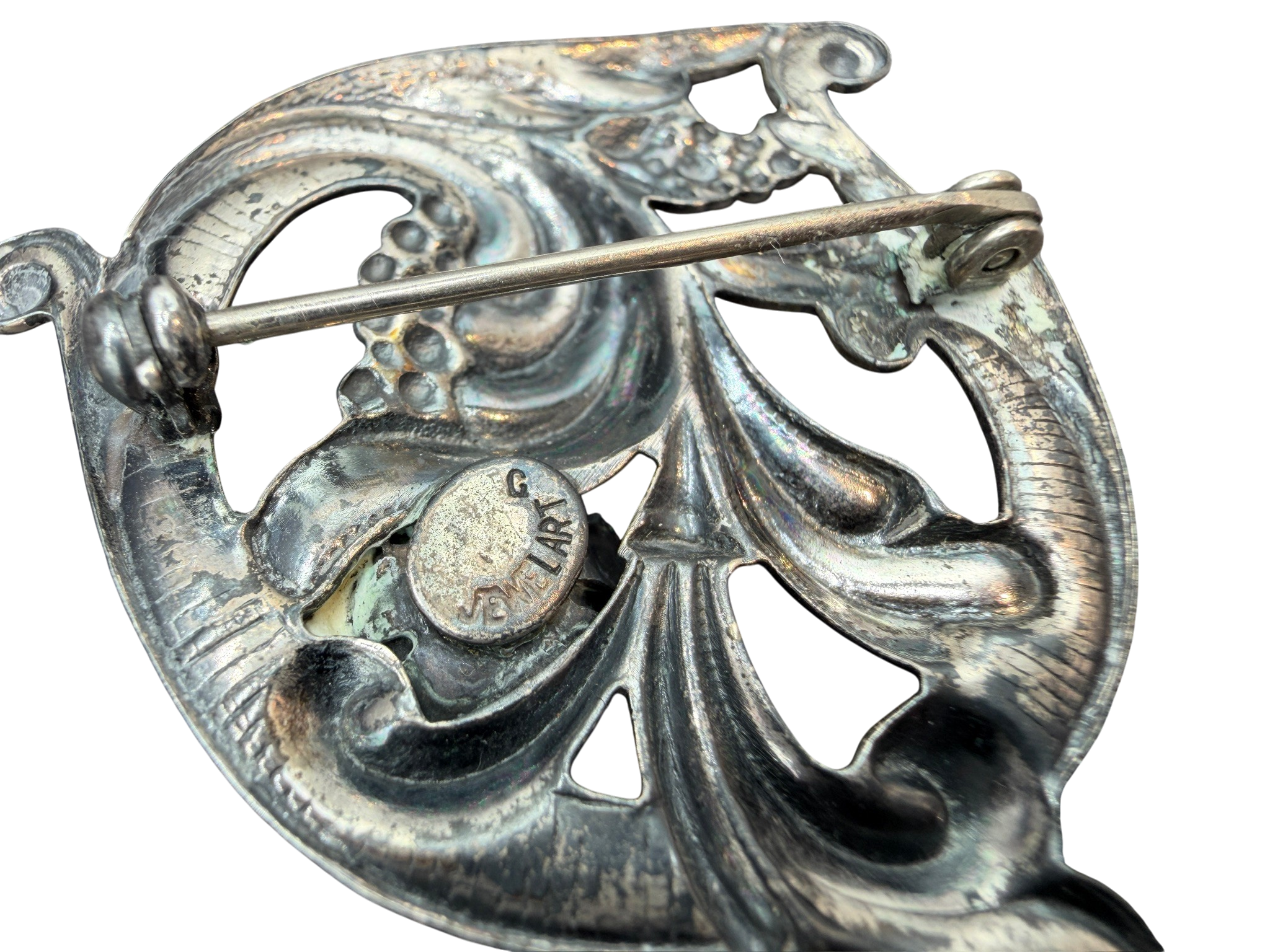 1970s Jewelart Silver-Tone Rose & Filigree Circle Brooch
